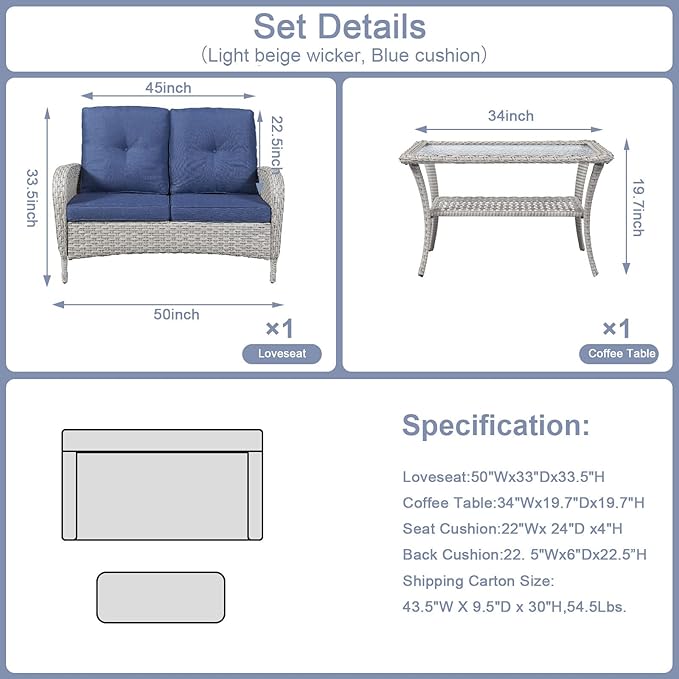 Belord Outdoor Wicker Loveseat with Coffee Table, Patio Loveseat Sofa 2 Piece Outdoor Wicker Furniture Set for Patio Porch Deck Balcony Light Beige/Blue