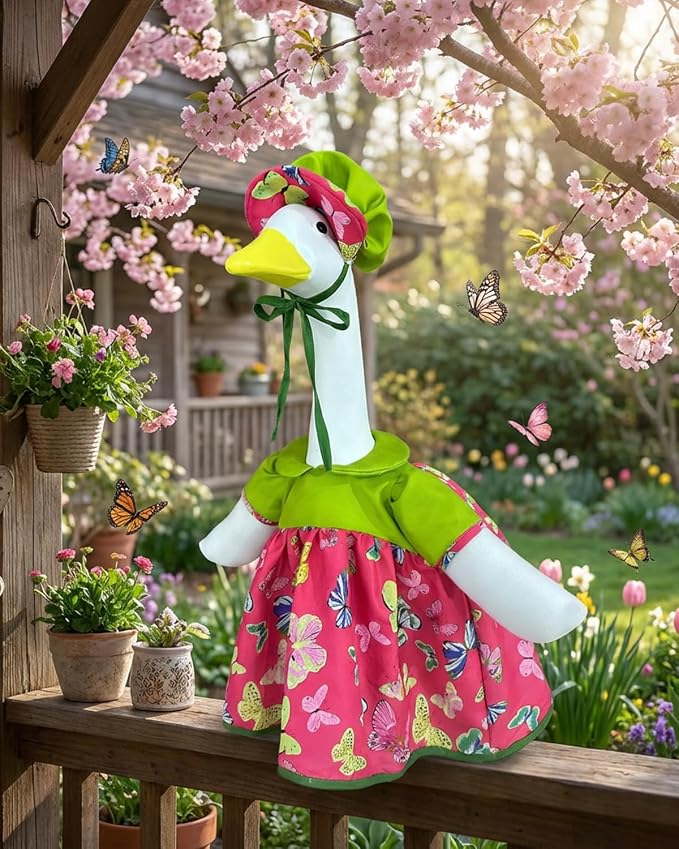 Summer Porch Goose Outfits with Hat, 23" Lawn Cement Goose Clothes for Spring Summer, Patio Yard Garden Geese Decoration Gifts for Mom Grandma