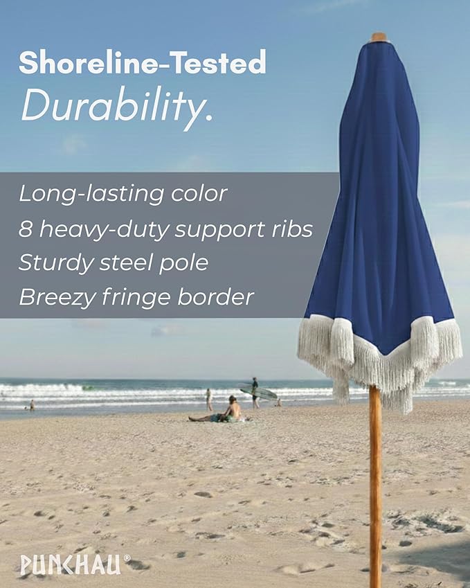 6 Ft Fringe Patio Umbrella - Outdoor Umbrella for Patio, Pool, Table, Garden, Deck, Beach, and Outdoors - Fashionable Boho Vintage Tassels & Wood Print - Push Button Tilt Pole