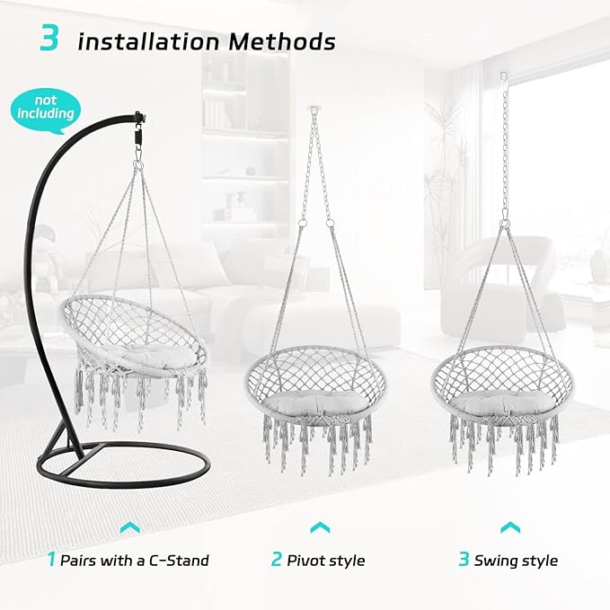 330 Lbs Capacity Loading Relaxing Handwoven Hammock Chair Swing, Cozy Macrame Hanging Seat with Soft Pillow, Perfect Reading Meditation Chair for Bedroom, Garden, Balcony, Grey