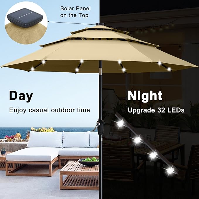 ABCCANOPY 3-Tiers 10FT Solar Patio Umbrella, Outdoor Umbrella with 32 LED Lights for for Deck, Pool, Garden, Backyard (Khaki)