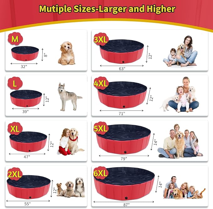 CACSPS Foldable Dog Pool, 32" x 8" Kiddie Pool with Hard Plastic, Non-Slip Dog Bath Tub for Outdoor Backyard, Collapsible Dog Swimming Pool for Kids Dogs Pets (Red)
