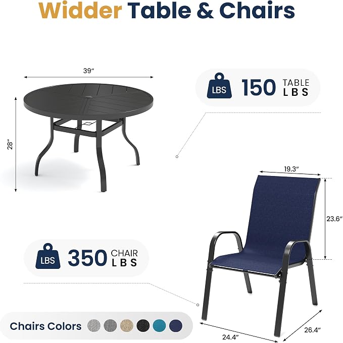 Amopatio 5 Pieces Patio Dining Set for 4, Outdoor Table and Chairs, 4 All Weather Stackable Patio Chairs, 39" Patio Spliced Round Table with Umbrella Hole, for Deck, Backyard, Garden, Blue