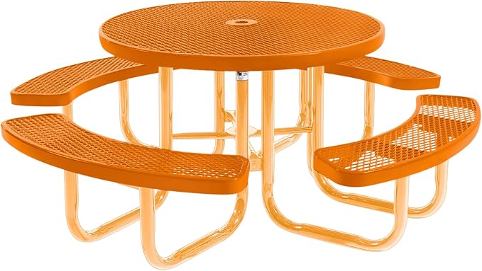 COATEDOUTDOORFURNITURE Heavy-Duty Portable Outdoor Picnic Table with Umbrella Hole, Expanded Metal Commercial-Grade Patio Dining Furniture Made in America (46" Round Top, Orange with Orange Frames)