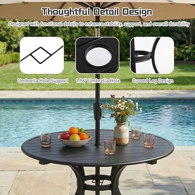 5 Piece Outdoor Patio Dining Set, 36’’ Round Dining Table with Umbrella Hole & 4pcs Metal Dining Chairs, Outdoor Furniture Dining Set for Patio, Balcony, Lawn, Garden, Backyard