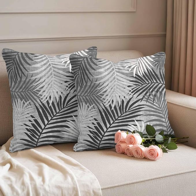 Gray Palm Leaves Waterproof Outdoor Pillow Covers Set of 2 Home Decor, Summer Tropical Leaf Plant Pillowcase Patio Pillow Covers for Couch Bench Patio Furniture Garden 26x26in