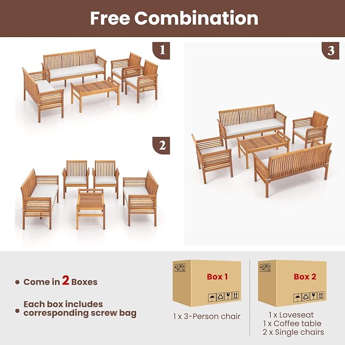 RELAX4LIFE 5-Piece Patio Furniture Set - Acacia Wood Sofa Set w/3-Person Bench, Loveseat, 2 Chairs, Coffee Table & Cushions, Balcony Furniture for Garden Poolside Yard Porch, Outdoor Conversation Set