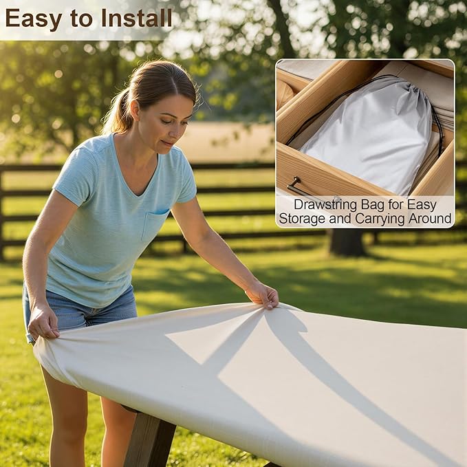 Picnic Table Cover with Bench Covers Camping Essentials Waterproof Windproof Camping Tablecloth with Drawstring Bag, Fitted Rectangle Tables and Seats, 72in, Beige Linen Texture