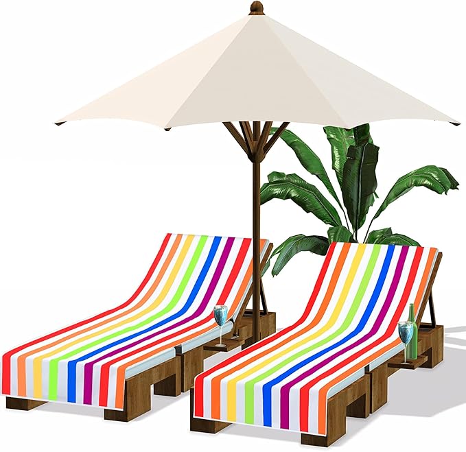 Fumete 2 Pack Lounge Chair Covers 30 x 85 Inch Pool Chaise Lounge Towels Microfiber Beach Chair Towel Portable Striped Outdoor Patio Furniture Cover for Sunbathing Picnic Spa(Rainbow)
