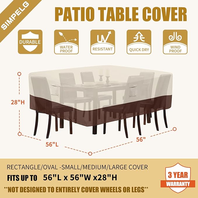 Patio Waterproof Outdoor Covers For Patio Furniture 600D Heavy Duty Oxford Uv Resistant Anti-Fading Square Patio Furniture Cover 56"L x 56"W x 28"H (Beige & Brown)