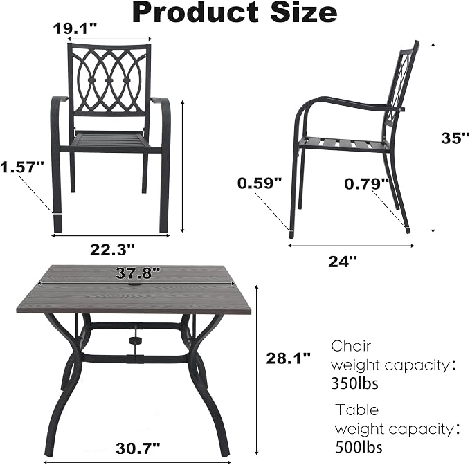 5‑Piece Outdoor Patio Dining Set 4 Metal Chairs 37.8" Square Wood‑Grain Metal Table w/Umbrella Hole Ergonomic Slat Design Quick Assembly Ideal for Garden