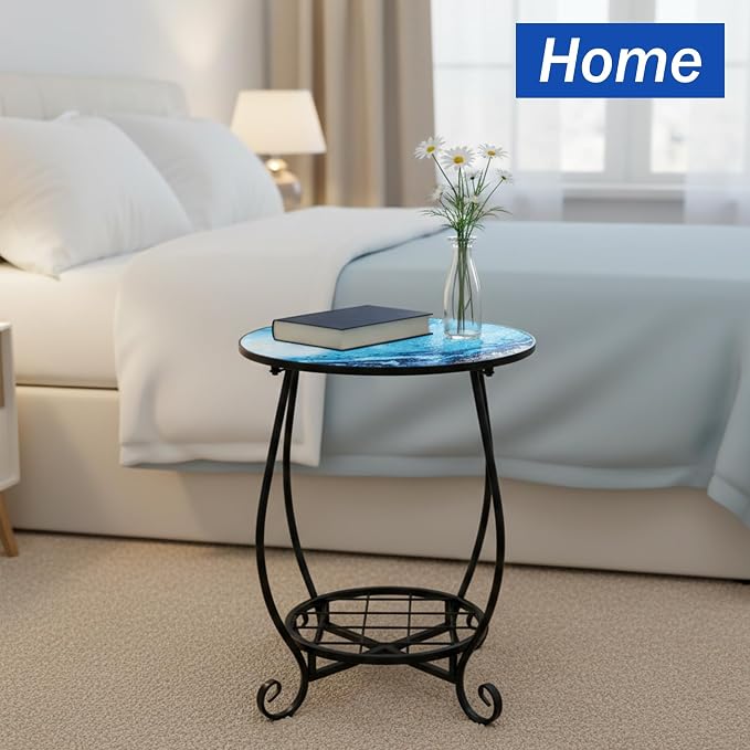 Outdoor Side Table - Double Layer Round Marble Pattern Patio Accent, 14 Inch Coffee Tea Metal Outside End Table for Yard Patio Porch Balcony Garden Indoor Living Room Bedroom Decor