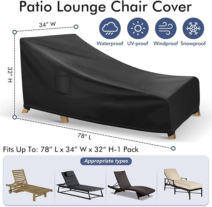 Richwon Chaise Lounge Covers Outdoor Waterproof, Heavy Duty Patio Furniture Covers, Fits up to 78L x 34W x 32H inches, 1 Pack, Black