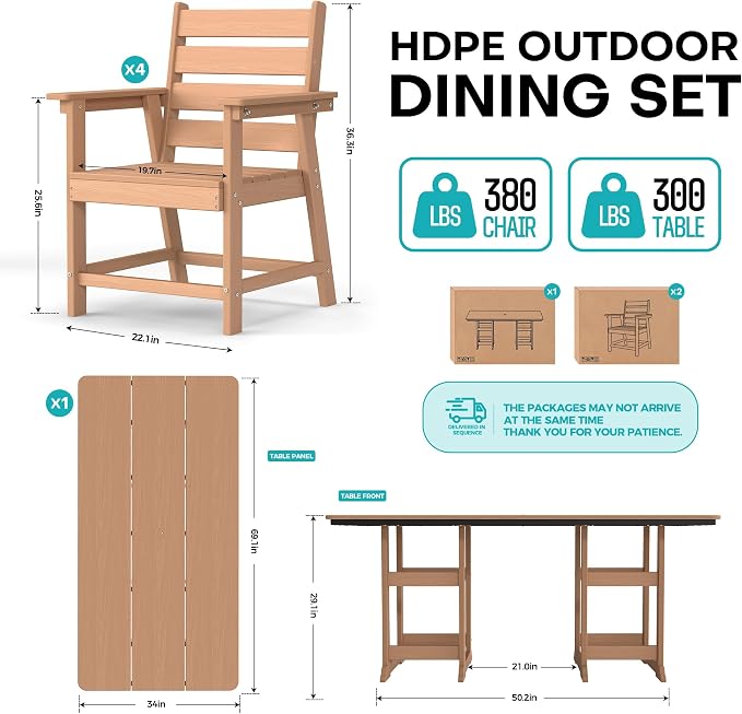 7-Piece Dining Set, HDPE Table & 6 Chairs,Cedar | HDPE Dining Set: 69.1" Table + 6 Chairs, 380 lbs, 304 Stainless, All-Weather, No Rust No Crack, Outdoor Patio Garden