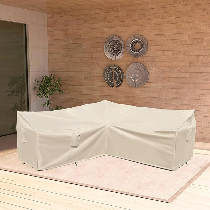 Outdoor Sectional Cover, Heavy Duty Patio Furniture Cover, 85"X85" 5-Seater Waterproof 600D Patio Sectional Covers, 7 FT V-Shaped L-Shape Lawn Outdoor Furniture Covers, Natural Beige