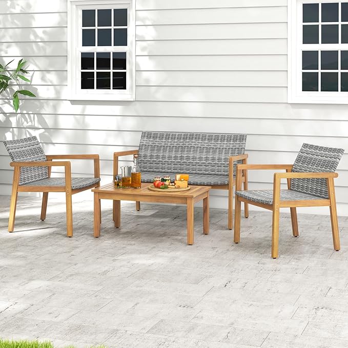Tangkula 4 Pieces Outdoor Furniture Set, Acacia Wood Frame Sofa Set w/Rattan Seat & Back, Patio Conversation Set w/Coffee Table for Balcony, Poolside, Backyard (Mix Gray)