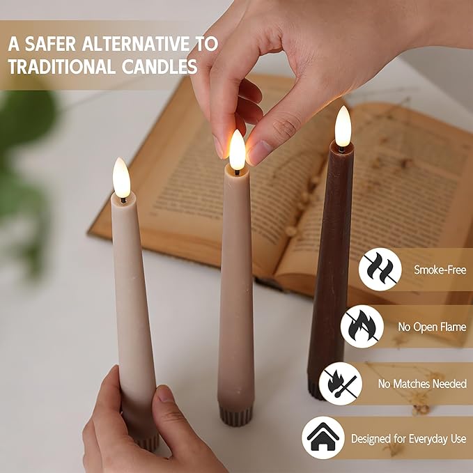 Brown Flameless Taper Candles with Remote, 9.6 Inches Real Wax Battery Operated Candles, 3 Pack Flickering LED Candlesticks, Tall Taper Fake Candles for Home, Wedding, Party
