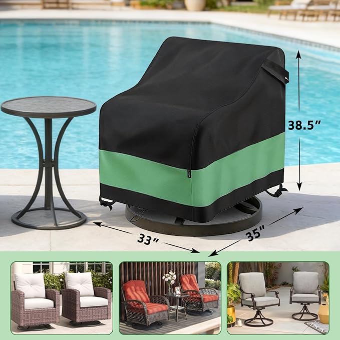 Swivel Patio Chair Cover 2 Pack Waterproof Heavy Duty Outdoor Chair Covers (33 W x 35 D x 38.5 H inch) Outdoor Swivel Lounge Chair Cover Black&Green