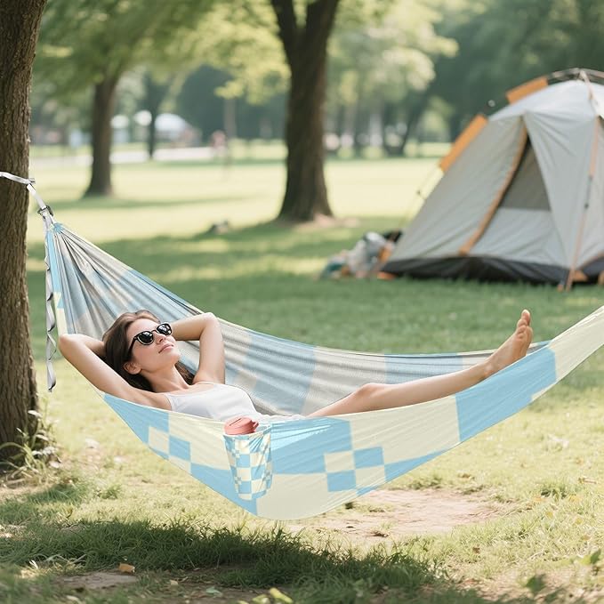 Turquoise Beige Checkered 330lb Capacity Camping Hammock Backyard Hammock for Outside Patio Backyard Poolside hamaca con Base para adultos