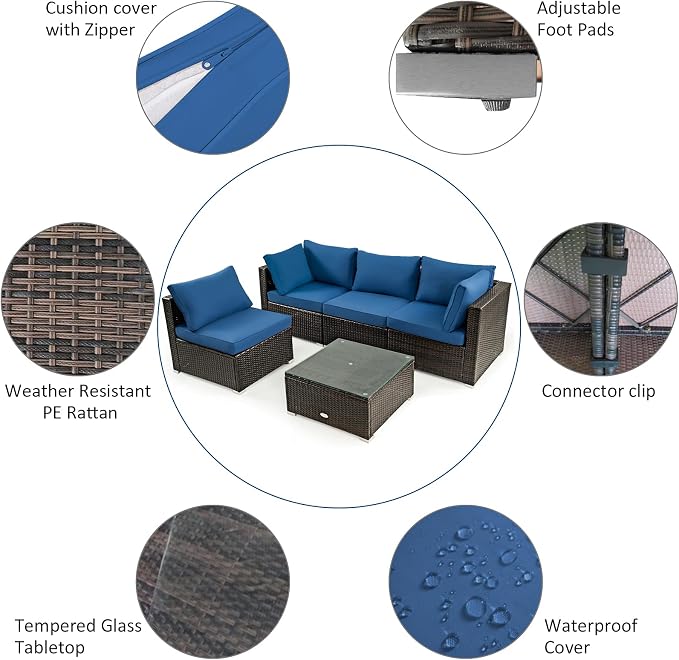 Tangkula 6 Piece Outdoor Rattan Sofa Set with 30in Propane Gas Fire Table, Ceramic Fire Tabletop, 50,000 BTU Heat Output, Cushions & Fire Pit Dust Cover, Patiojoy Weatherproof Wicker Set (Navy Blue)