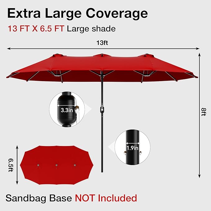 Joyside 13FT Large Patio Umbrella, Outdoor Double Sided Umbrella, Rectangle Umbrella with Crank Handle, 12 Sturdy Ribs for Deck, Porch and Pool