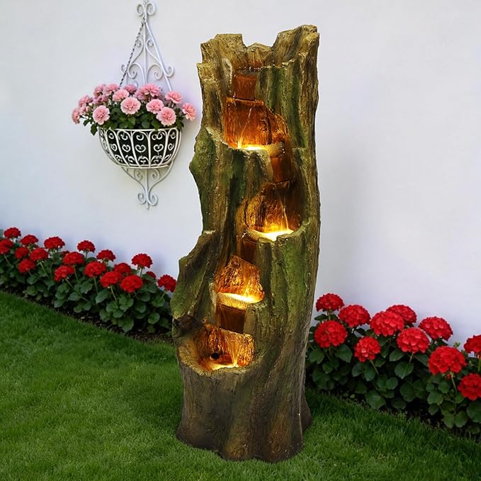 Water Fountain Outdoor Cascading Waterfall Feature with Energy-Efficient LED Lights, Easy Setup for Patio Garden Backyard Relaxation, for Housewarming & Garden Lovers