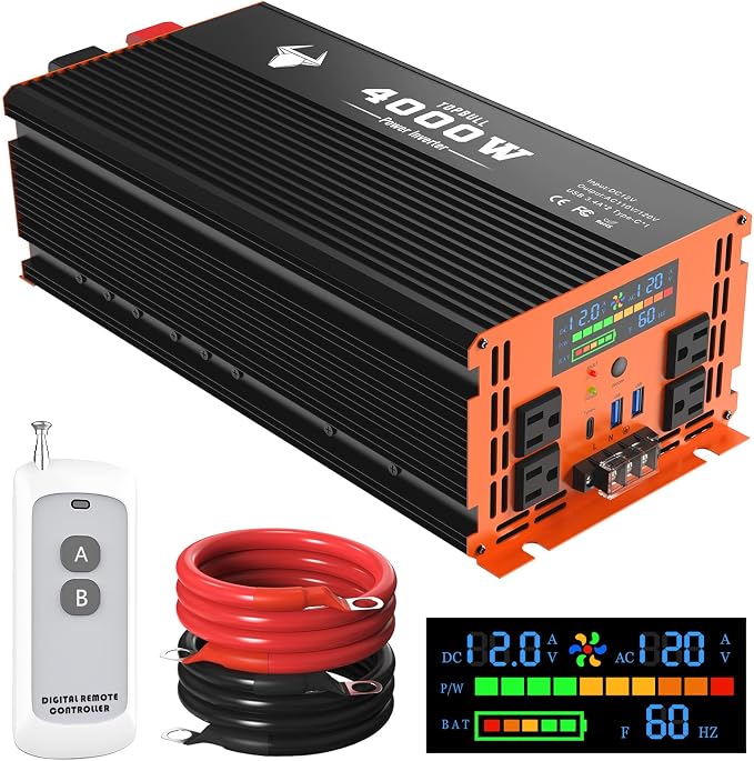 4000 Watt Power Inverter 12V DC to 120V/110V AC for Vehicles RV, Truck, Solar, Home, Off-Grid Car Converter Surge 8000W with 4 AC Outlet, 2 USB-A Port, 200ft Remote Control and 3 AC Terminal Blocks