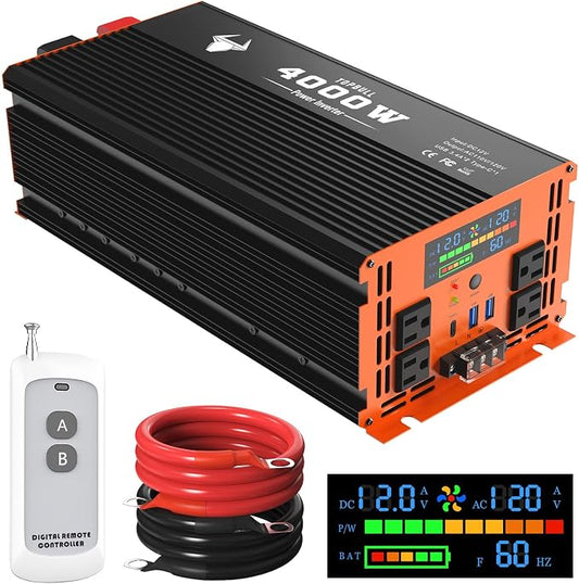 4000 Watt Power Inverter 12V DC to 120V/110V AC for Vehicles RV, Truck, Solar, Home, Off-Grid Car Converter Surge 8000W with 4 AC Outlet, 2 USB-A Port, 200ft Remote Control and 3 AC Terminal Blocks