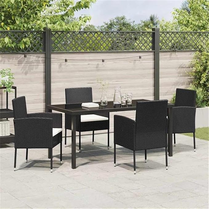 Afuera Living 5 Piece Poly Rattan Garden Dining Set, Black Finish, Tempered Glass Table, Cushioned Chairs, UV-Resistant Rattan, Lightweight Steel Frame, Outdoor Patio Dining Furniture for Garden or