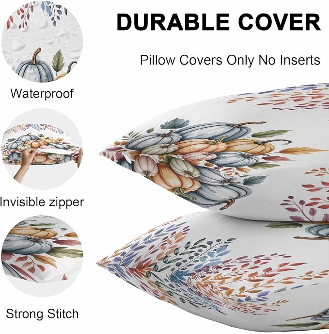 Orange Fall Pumpkins Outdoor Waterproof Pillow Covers, Eucalyptus Leaves Country Farmhouse Decorative Square Throw Pillowcase Sofa Cushion Sham for Patio/Couch/Chair, 24"x24" 2 Pack