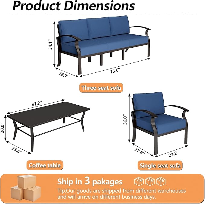 Aluminum Outdoor Patio Conversation Furniture Set,5 Seats Metal Modern Outdoor Furniture with Coffee Table & Washable 5.1" Thick Cushions,Patio Sectional for Backyard,Patio,Navy
