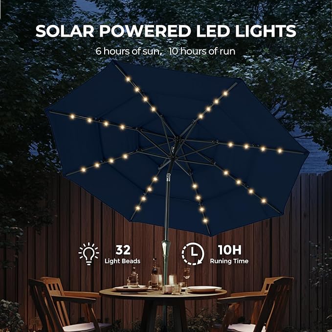 HOMSHADE 9FT 3-Tier Solar Patio Umbrella Heavy Duty,Vented Market Table Umbrella Windproof with 32 LED Lights,UPF50+,5-Year Fade Resistant,8 Thicker Ribs for Pool,Lawn,Garden,Deck (Navy Blue,No Base)