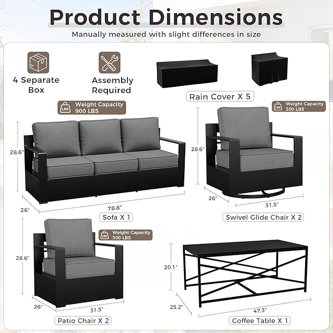 Outdoor Patio Furniture Set, 6-Piece Aluminum Patio Conversation Set All-Weather Metal Outdoor Sectional with 6 Inch Thick Cushions, Deep Setting for Garden, Outside and Porch, Grey
