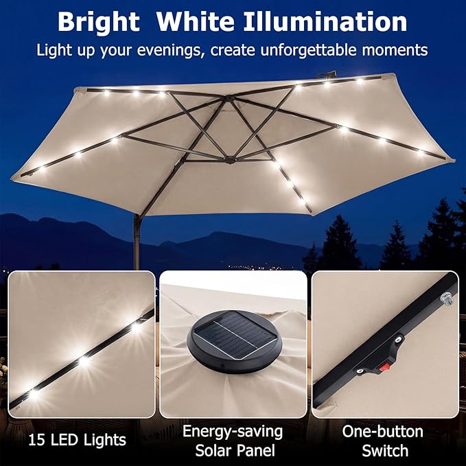 Tangkula 10ft Patio Umbrella with Solar Lights, Offset Cantilever Outdoor Umbrella with LED Lights, 360 Degree Rotation, Air Vent for Pool Deck Garden Backyard (Beige)