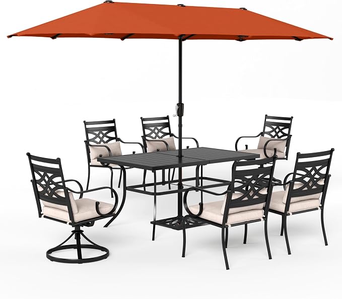 Sophia & William Patio Dining Set, 13ft Umbrella, Swivel Chairs, Black | Seats 6, Cushions