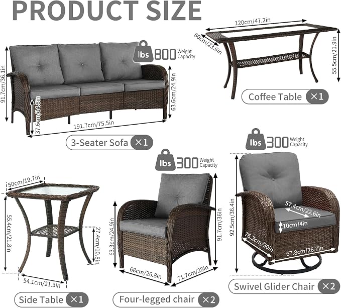 Outdoor Swivel Rocker Patio Chairs (Brown Wicker/Grey Cushion, 7PC/Sofa & Swivel & Chair &2 Table)