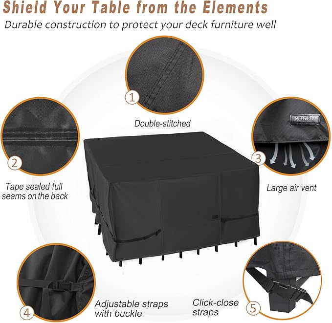 NettyPro Patio Table Cover Square 74 x 74 Inch, Waterproof Outdoor Furniture Dining Set Covers for Table and Chair, Black