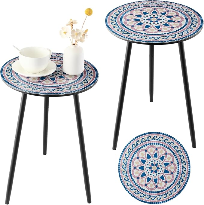 Outdoor Side Table Set of 2 Mosaic Patio Side Tables for Outside End Tables Small Outdoor Table Round Patio End Table Metal Side Table Outside, Indoor, Bedroom, Living Room, Small Spaces, Blush Mosaic