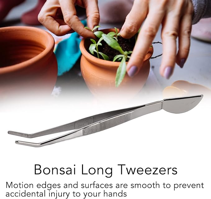 TOPINCN Bonsai Tweezers, Stainless Steel Long Plant Tweezers with Moon Spatula Head, Home Garden Potted Loosening Soil Plan Grass (Bent)
