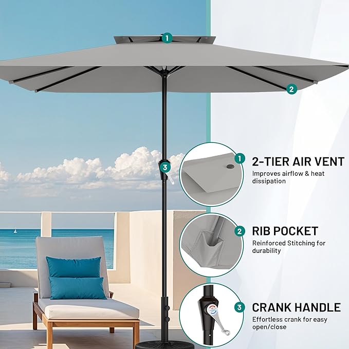 AreShark 8'x10' 2 Tiers Rectangular Patio Umbrella - Outdoor Umbrella Waterproof UV Protection, Market Table Umbrella w/Crank for Pool, Backyard, Deck(Light Gray)