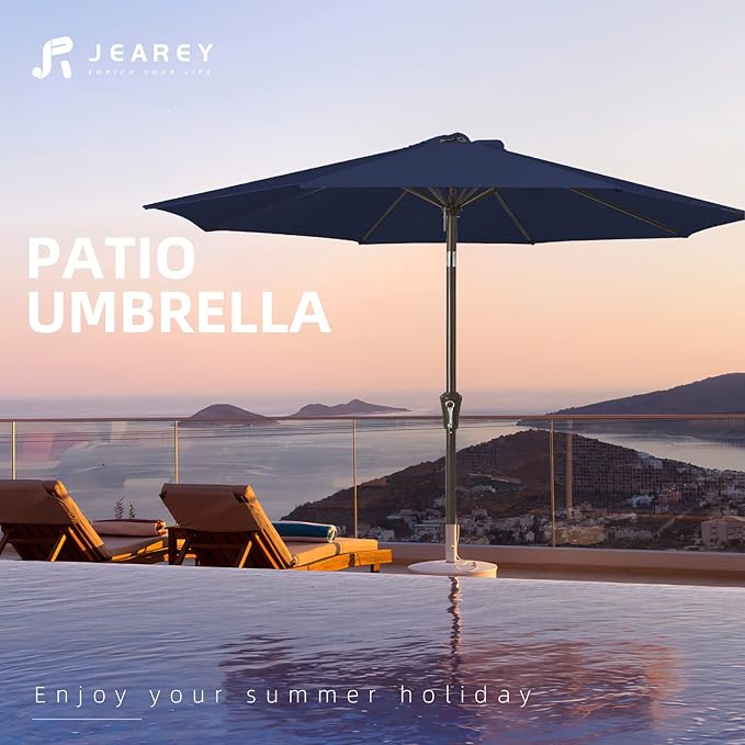 JEAREY 9FT Outdoor Patio Umbrella Outdoor Table Umbrella with Push Button Tilt and Crank, Market Umbrella 8 Sturdy Ribs UV Protection Waterproof for Pool, Deck, Backyard, Garden (Navy Blue)