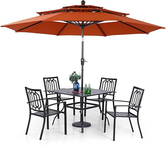 PHI VILLA Patio Dining Set 5 pcs with Umbrella(Orange Red),1 Square Metal Table& 4 Metal Outdoor Stackable Chairs and 1 10ft 3 Tier Auto-tilt Umbrella (Base Not Included)