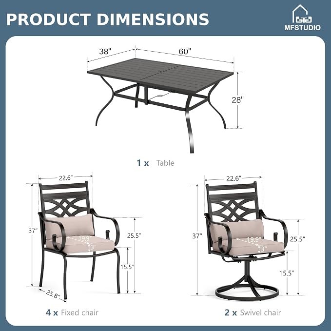 MFSTUDIO Patio Dining Set, 60" Metal Table, Swivel Chairs, Umbrella Hole | Mixed Swivel and Fixed Chairs, Seats 6, All-Weather Use