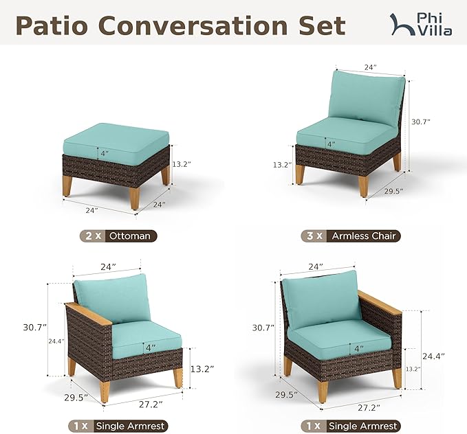 PHI VILLA 7-Piece Outdoor Wicker Patio Conversation Set, Rattan Sectional Daybed Furniture Patio Set for 7 Seats with Cushioned 3 x Armrest Chair, 2 x Ottoman and 2 x Armless Sofa, Blue
