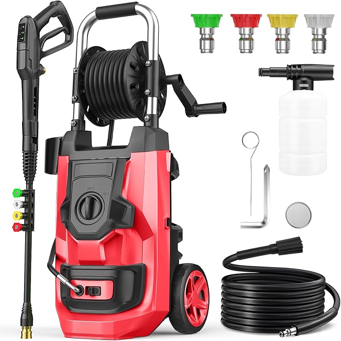 Electirc Pressure Washer 5000 PSI with 3 Levels Adjustable Pressure Gun, Portable Pull-Handle, 4 Nozzles and Foam Cannon, Heavy Duty Pressure Cleaner for Home/Car/Fence/Garden, Red