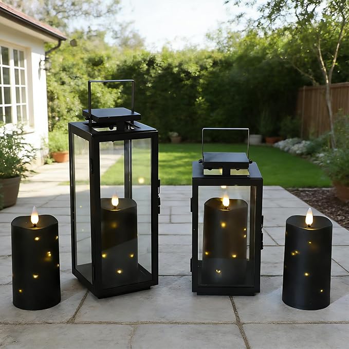Lezonic Black Flameless Waterproof Outdoor Candles with Remote, 4Pcs Battery Operated Candles LED Flickering Dancing Flame, Built-in String Lights for Halloween Patio Room Decor, 3.25" x 6"