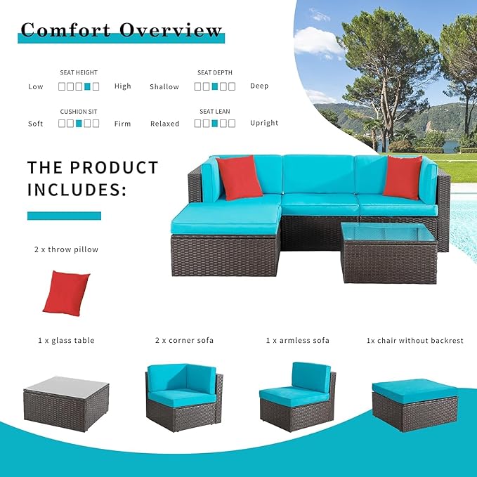 Shintenchi 5 Pieces Patio Furniture Sets Outdoor All-Weather Sectional Patio Sofa Set PE Rattan Wicker Patio Conversation Set with Glass Table&Ottoman Cushion, Blue