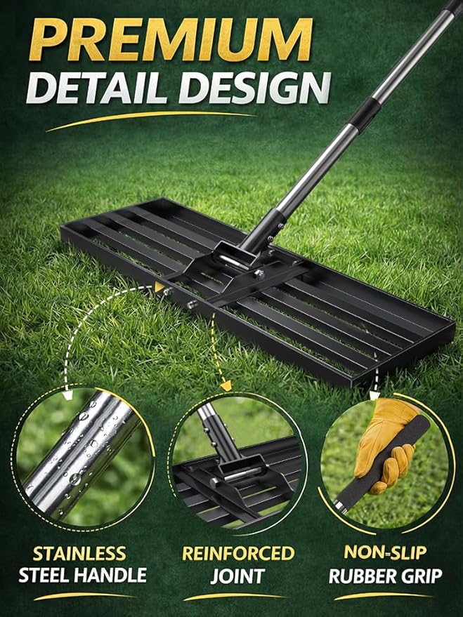 30x10 inch x 72" Lawn Leveler Rake, Effort-Saving Tool with Stainless Steel Handle for Golf Courses, Lawns & Gardens, Professional Landscape and Yard Leveling Tool