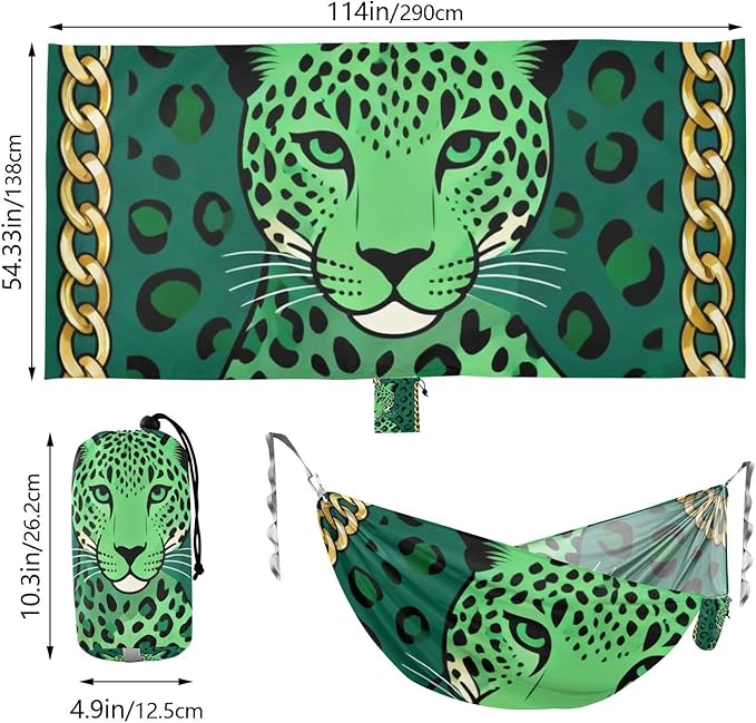Green Leopard Portrait Outdoor Hammocks Swing Hammock for Patio Backyard Lounge Base