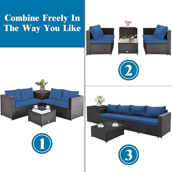 Tangkula 8 Piece Wicker Patio Set with Storage, All Weather-Proof Outdoor Conversation Set, with Loveseat, Coffee Table & Storage Box, Suitable for Garden, Poolside, Sunroom (2, Navy Blue)